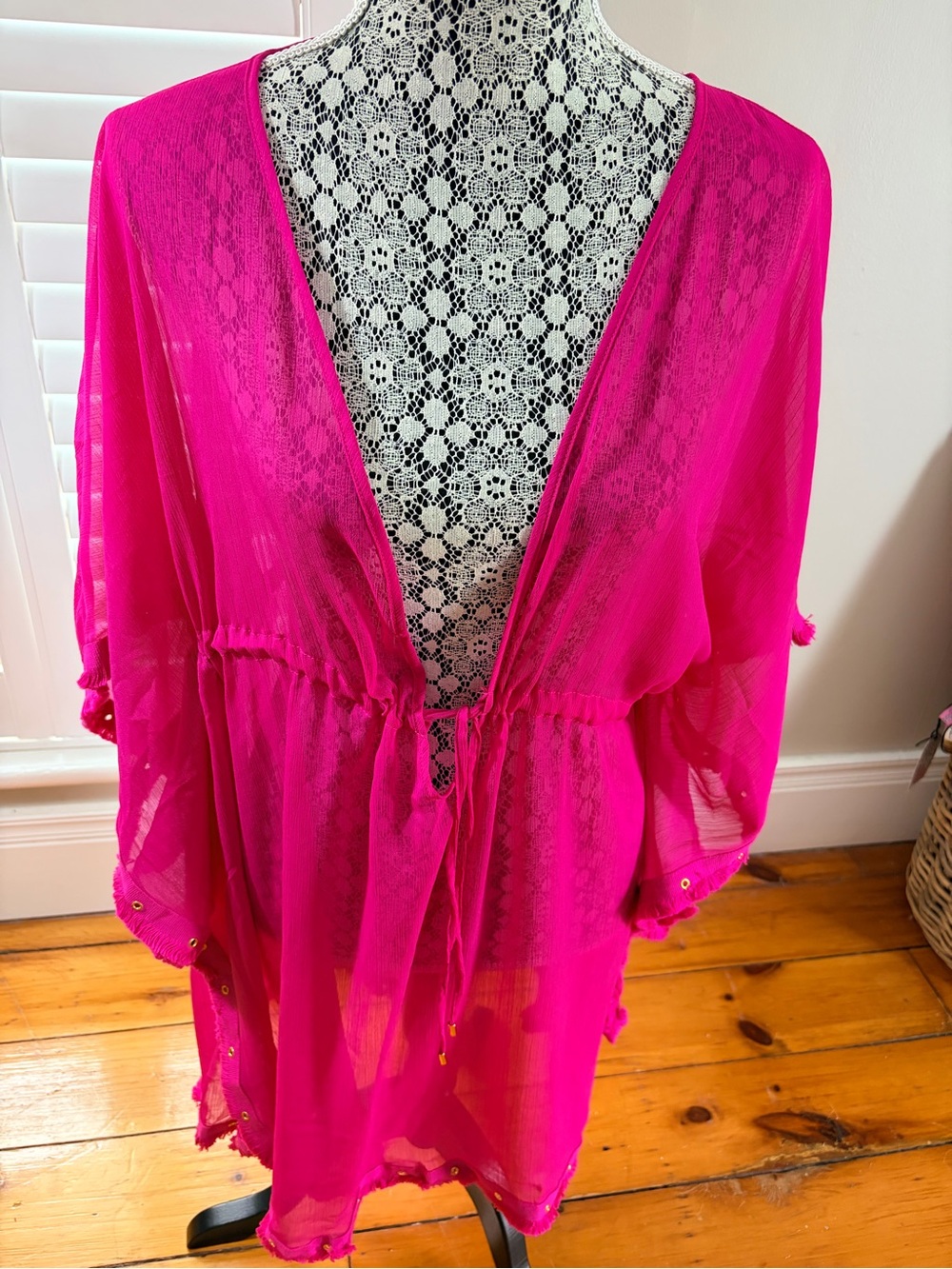 Bleu Rod Beattie Hot Pink Sheer Lace Swim Cover-Up with Tie